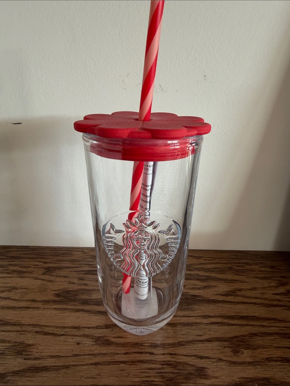 Starbucks Clear Double-Wall Tumbler with Red Flower Lid and Striped Straw